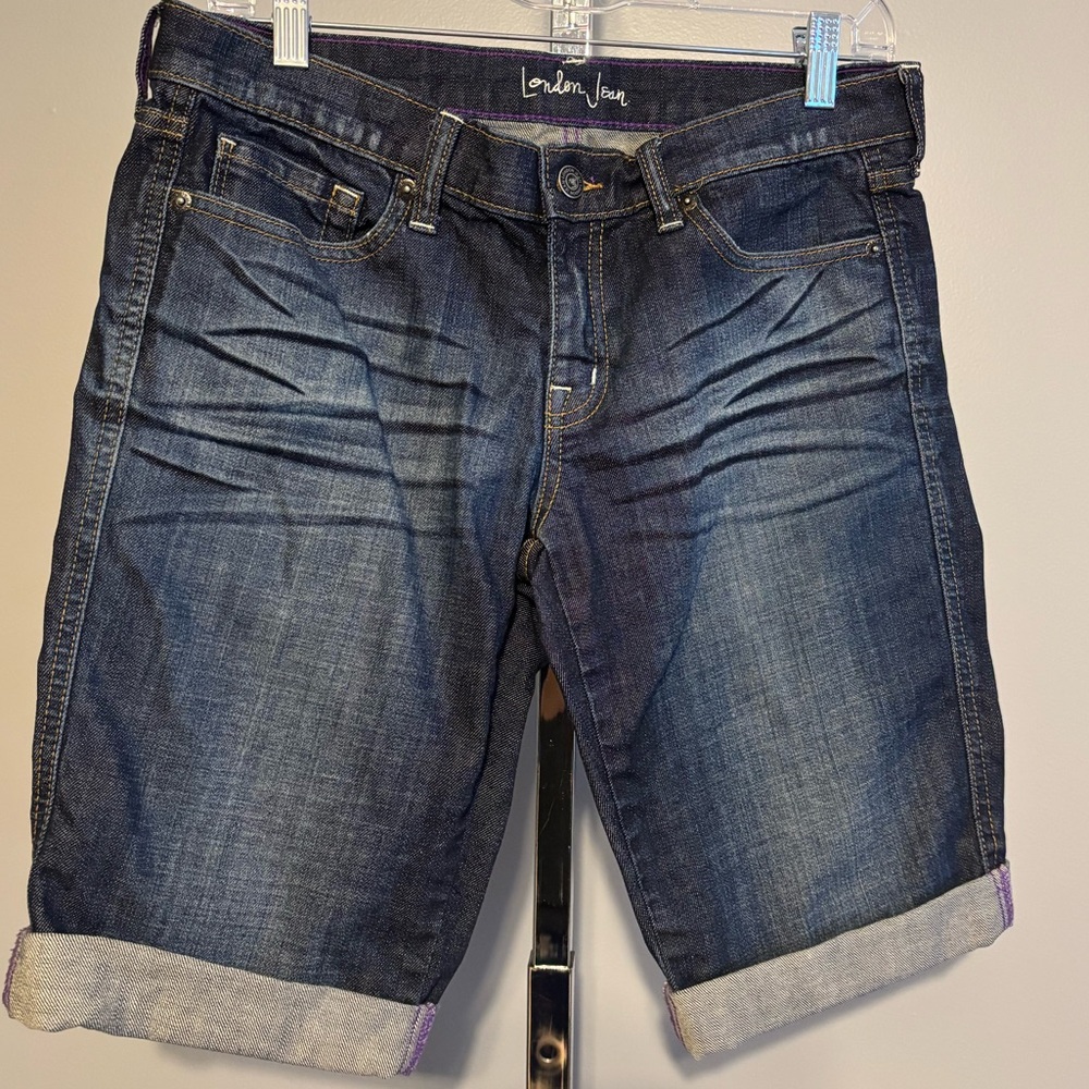 London Jeans Women’s Denim Shorts Bermuda with Cuff Size 6 Dark Wash Stretch